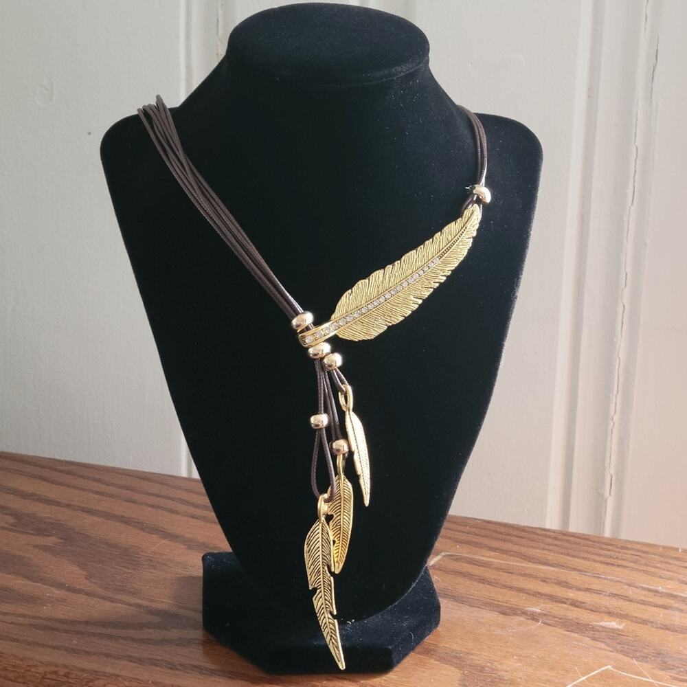 Boho chunky feather lariat necklace, dark brown & gold